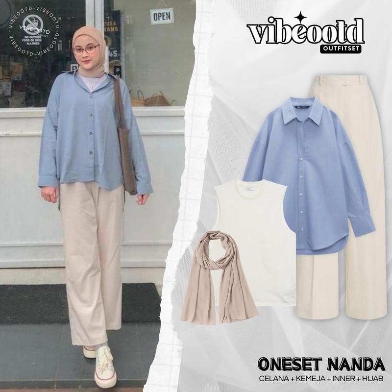 Nanda Outfit Set Wanita Hijab ( Bawahan Celana Kulot  Loose Pants + Baju Atasan Kemeja Katun Basic B