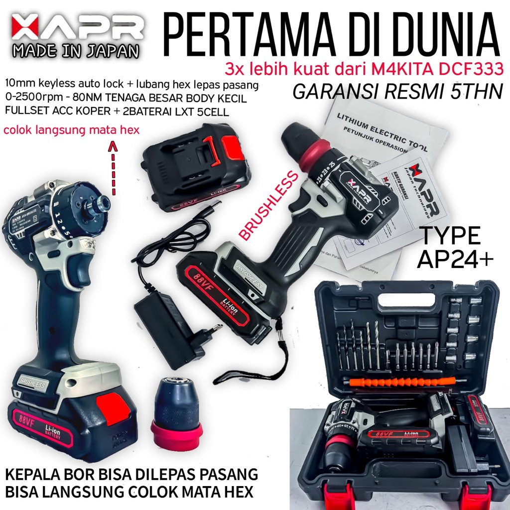 Paling Murah Apr AP24+ Bor Brushless Driver 10mm Keyless Auto Lock Type Fullset Accecoris Mesin Bor 