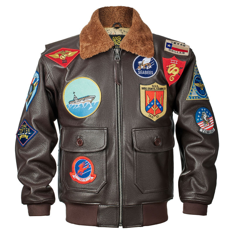 Dark Brown Winter Top Gun Pilot Leather Jacket Men Military Style Europe Size Genuine Natural Cowhid