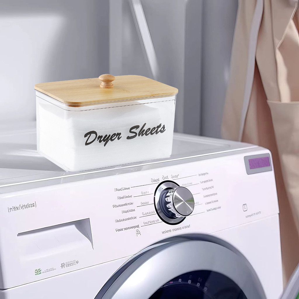 Clear Dryer Sheet Holder Container with Bamboo Lid for Laundry Room Decor Organization and Storage, 