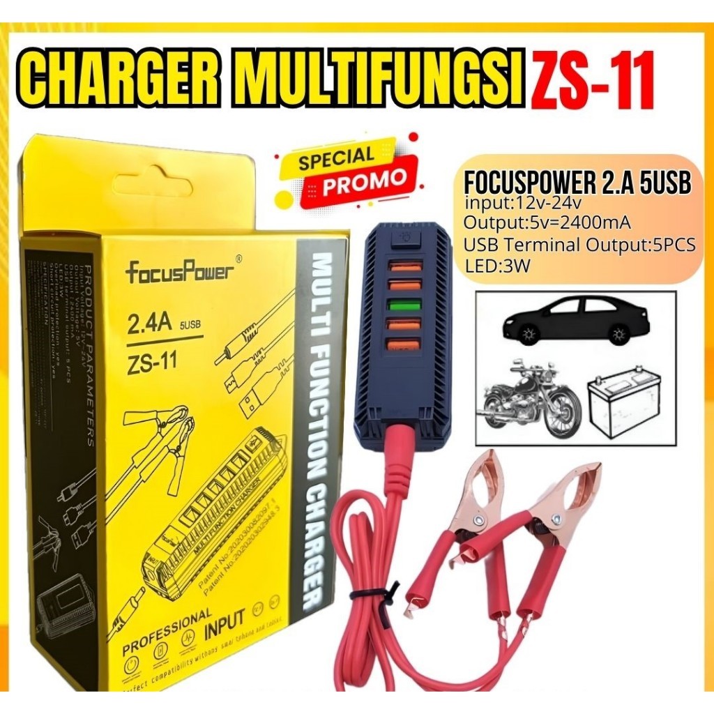 New CAS HP / CHARGER HP KE AKI 12VOLT 5 USB FLECO ZS-11 | CHARGER HP DARI AKI - CHARGER AKI 5USB + M