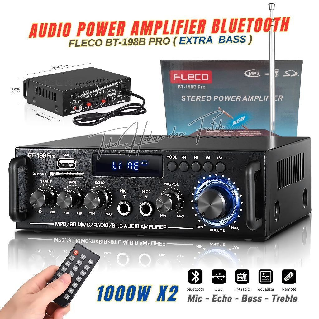 Paket Amplifier+mic2 Power Amplifier FLECO BT-198B PRO | Ampli Bluetooth MINI Fleco Audio Power BT 1