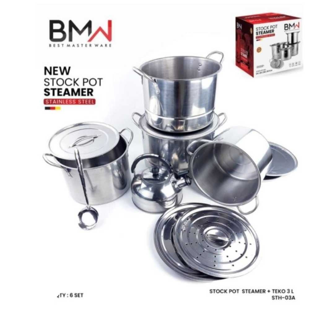 Stock Pot BMW Steamer 4 Set 2 Kukusan BMW + Teko Stock Pot BMW + Teko Panci kukusan set Dandang Stai