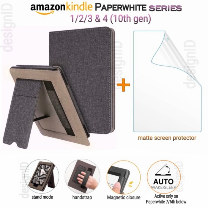 

promo -Paket Denim stand case kindle paperwhite 1 2 3 7th 10th + Anti gores - 10thgen - Choco