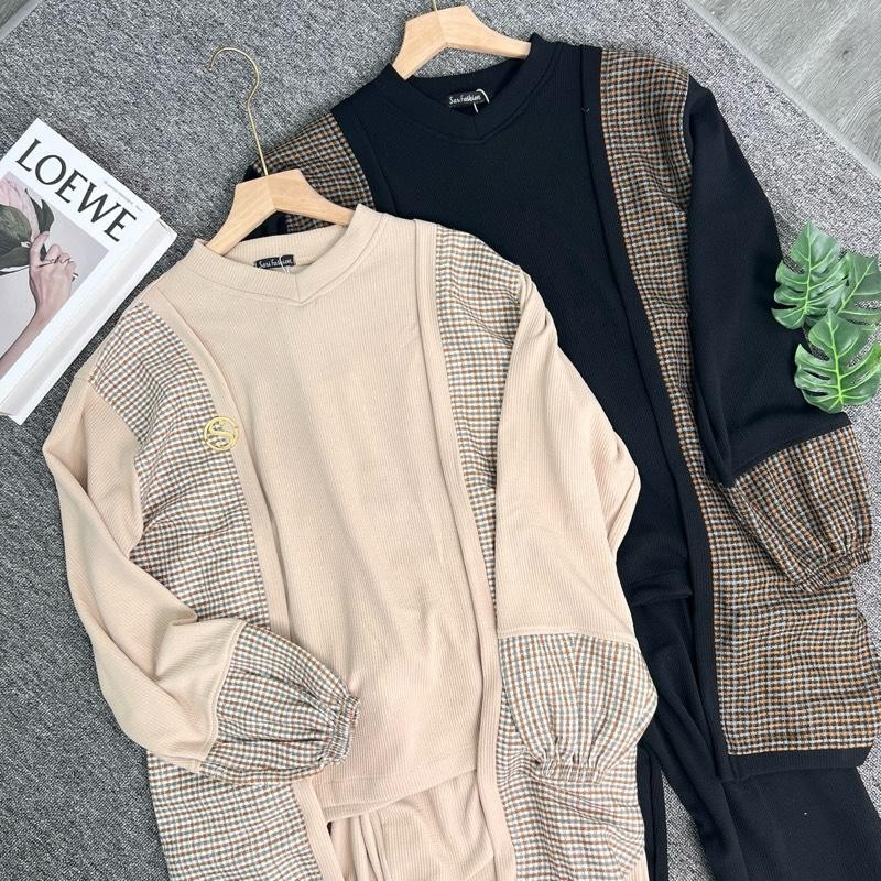 SARI FASHION - Yumna One Set Celana Blouse Tunik Wanita Lucu  Setelan Dewasa Casual Polos Hitam