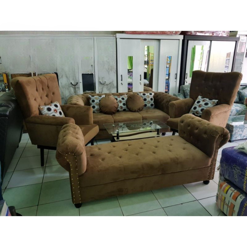 PROMO Sofa Chesterfeld 3211+MEJA HpL Sofa Tamu Modern Termurah Cirebon Kuningan Majalengka Indramayu