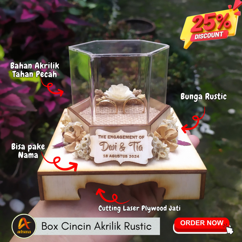 (READY STOCK) Hexagonal Rustic Ring Box / Kotak Cincin Rustic Segi-6 Custom Nama / Kotak Cincin