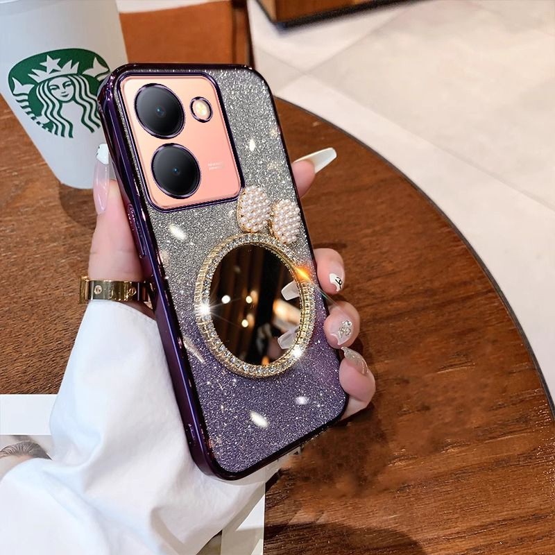 Phone casing Vivo Y17s Y27s Y16 Back cover Diamond studded makeup mirror Luxury Shiny Clear Gradient