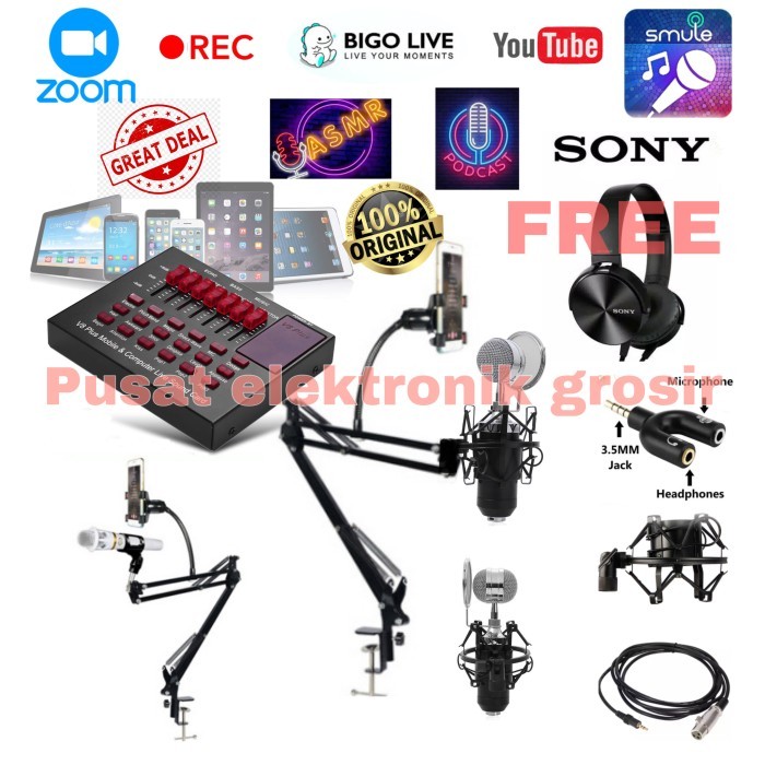 Paket Komplit Mic Condenser BM-8000 Soundcard V-8 Plus Bluetooth by Blezzy store