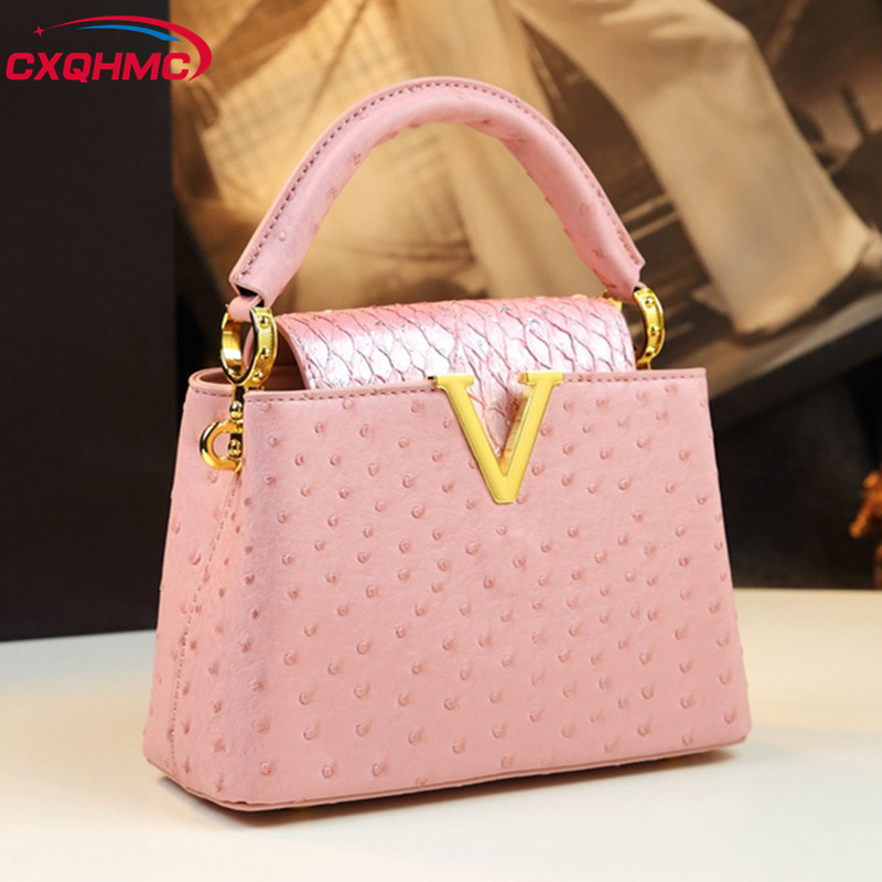 Genuine Leather Women Handbags V Letter Small Shoulder Crossbody Bag Pink Ostrich Print Portable Mes