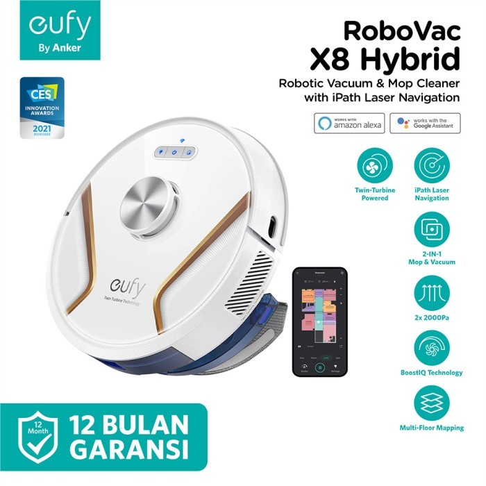 Eufy RoboVac X8 - Robot Vacuum Cleaner Putih 600 ml, Suction Power 4000 Pa, AI Map 2.0