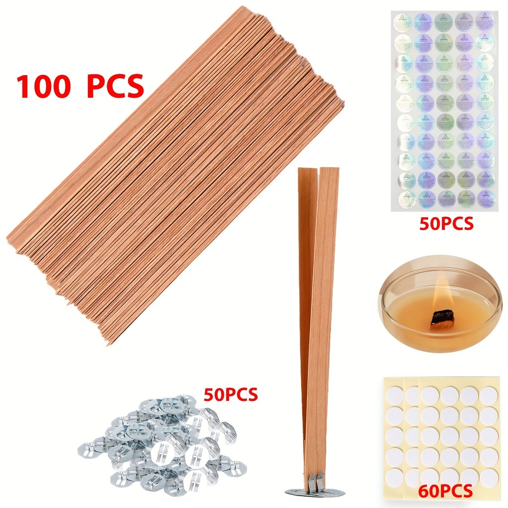 

100pcs Candle Making Wick, Wooden Candle Wick, Wood Wick, Smokeless Crack Wood Wick with 50pcs Iron Frame, 60pcs Glue Dots, 50pcs Warning Label