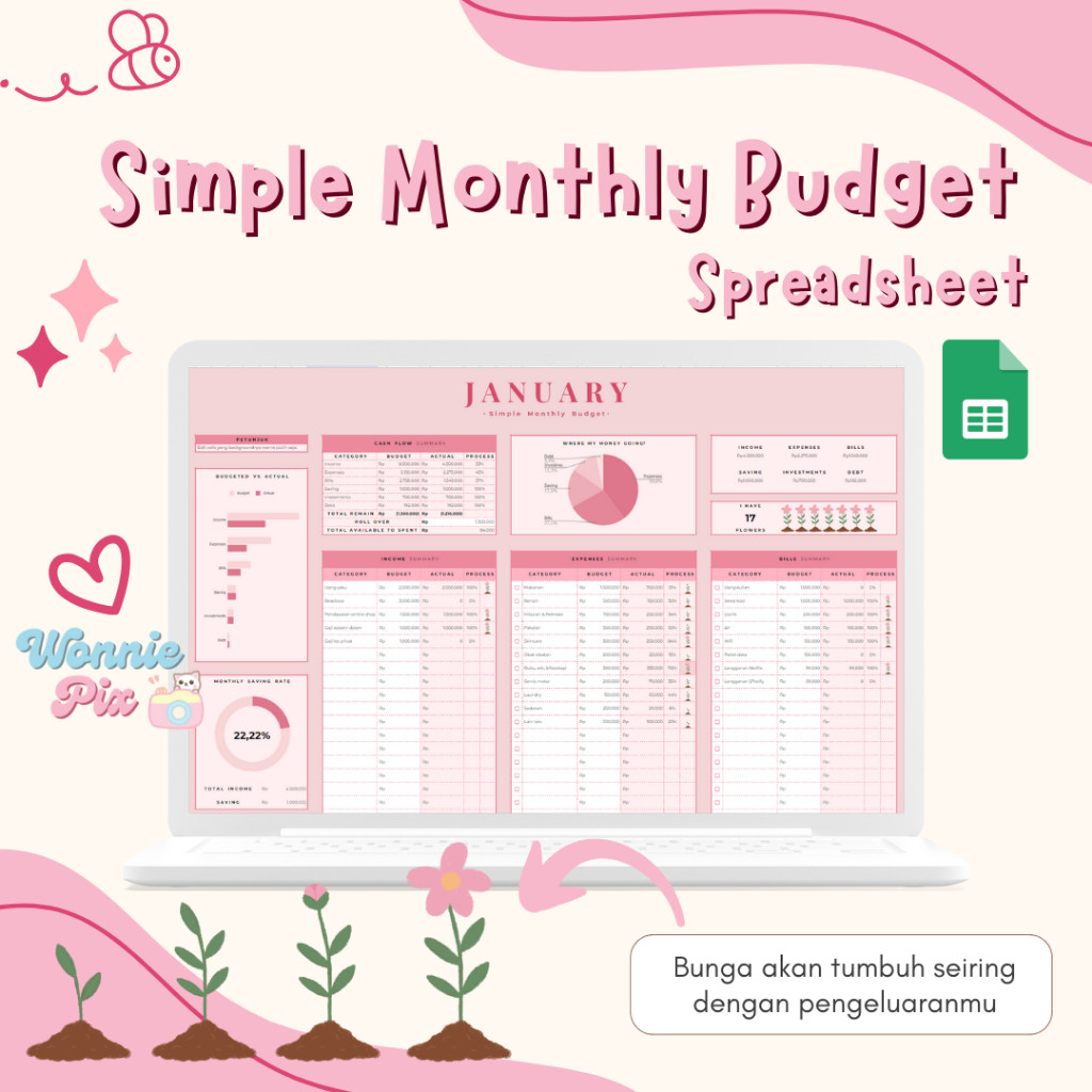 

Brikfid.pro Simple Monthly Budget - Pink | Budget Planner Spreasheet | Rencana Keuangan | Perencanaan Keuangan | Template Spreasheet Termurah