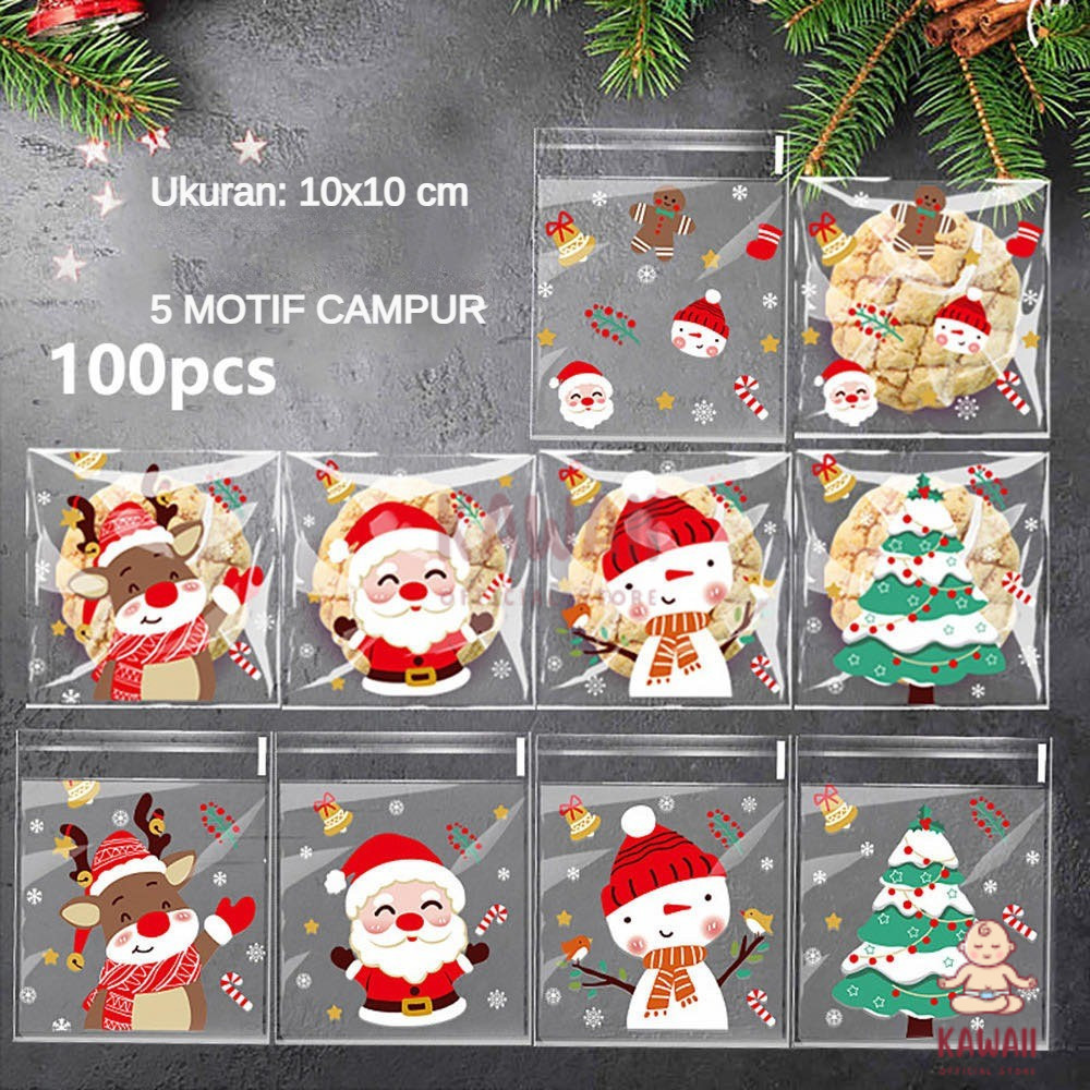 

KWI Isi 100 Pcs Plastik OPP 10x10 cm Cookies Kue Permen Biskuit Snack Motif Natal Merry Christmas Xmas Day Packaging Hampers