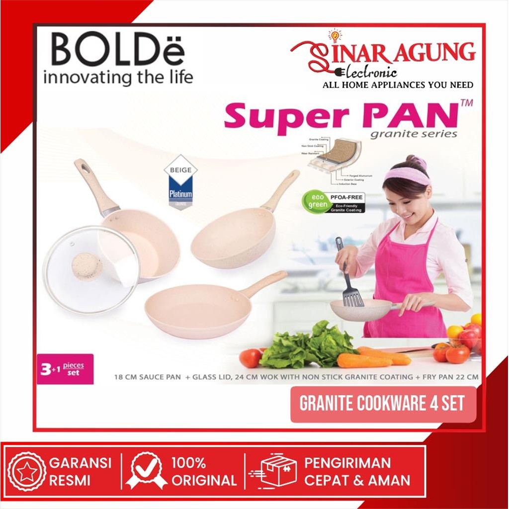 ALAT MASAK / COOKWARE SET BOLDE SUPER PAN GRANITE SERIES BEIGE 3+1 Pcs (SP + TUTUP KACA 18, FP 22, W
