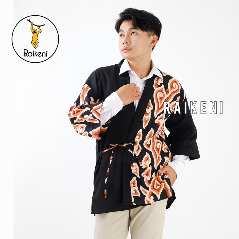RAIKENI Kimono Kanki | Jaket Motif Megamendung | Kimono Khas Jawa Barat | Kemeja Batik Tenun Mega Me