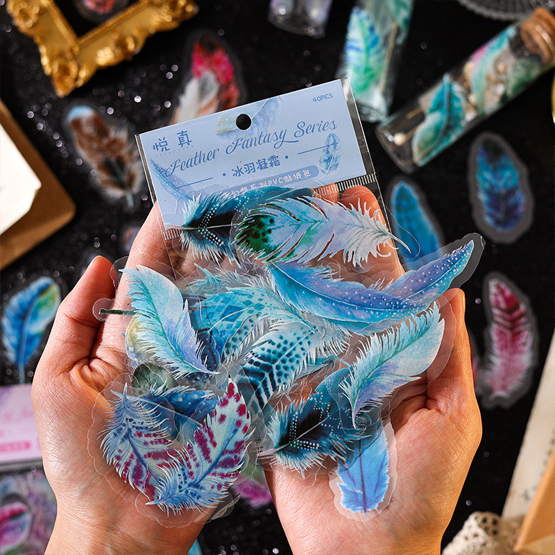 

40 pcs/pack Beautiful feather Stickers aesthetic PET Stick Labels Decorative Scrapbooking Diary Album Cute kids' ledger stickers