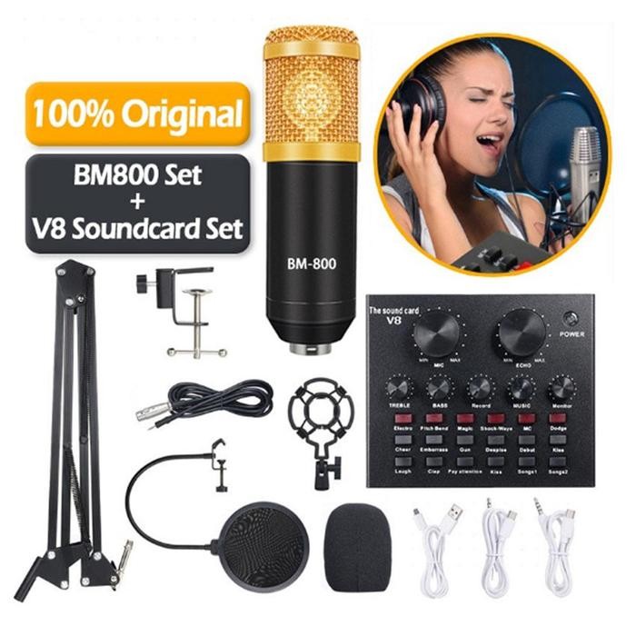 PAKET RECORDING LENGKAP Microphone Mic Condenser BM 800 Stand Mic Soundcard + V8 Set Mikrofon - Pake