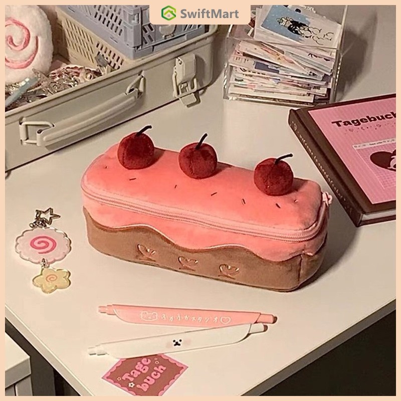 

3D Tempat Pensil Kue Ceri Lucu Tas High -Value Student Large -kapacity Pencil Box Bag Tas Teks
