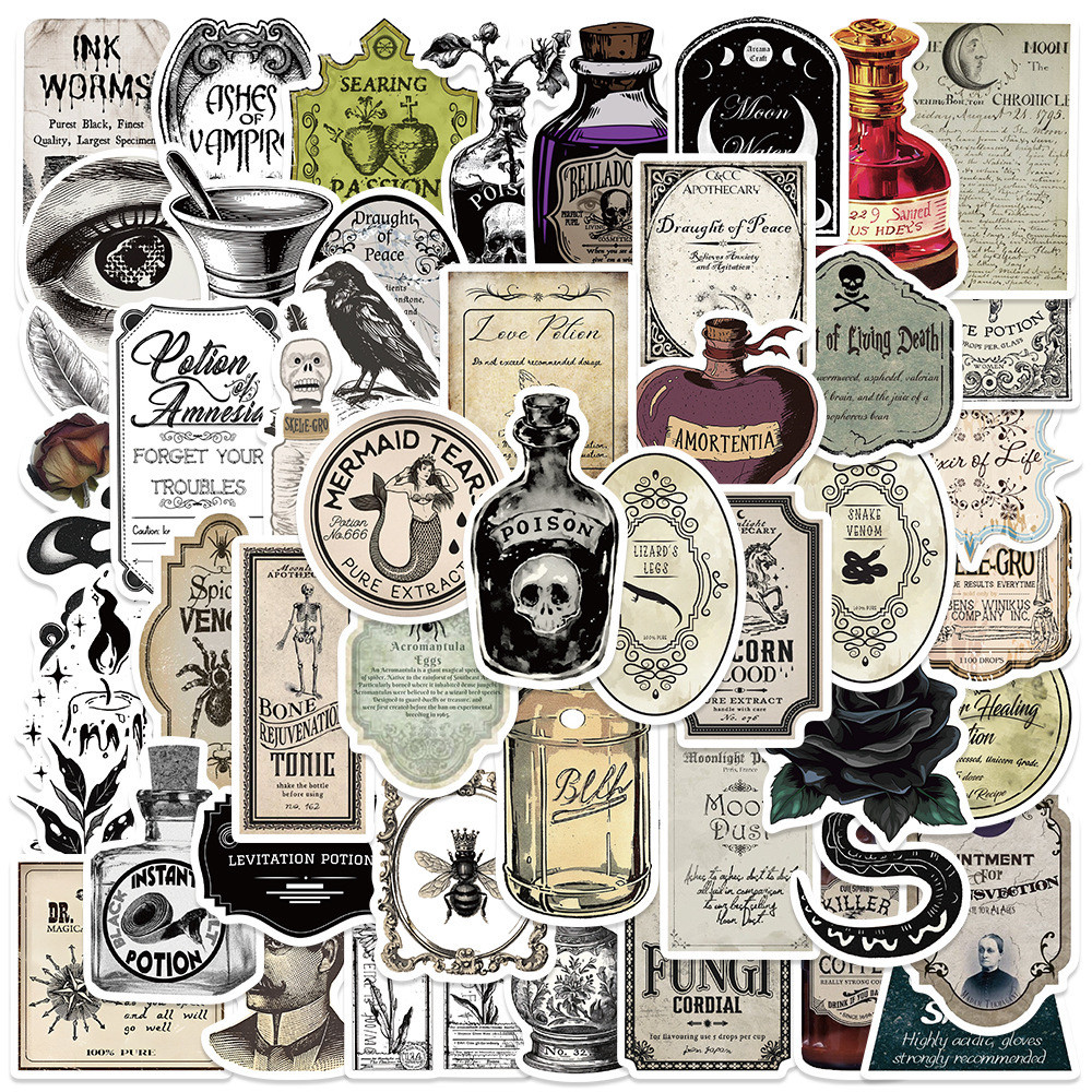 

10/50/100pcs Halloween Vintage Potion Bottle Labels Stickers Retro Horror Gothic Decals Suitcase Scrapbooking Laptop Sticker