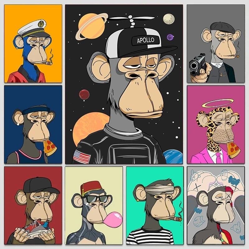 Funny NFT Series The Bored Ape Monkey Animals Poster Cartoon Character Wall Art Pictures Canvas Pain