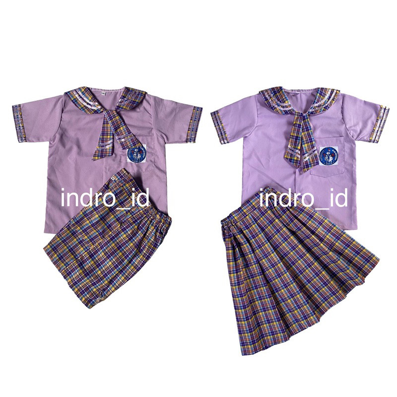 Seragam TK PAUD Ungu Kotak Kotak Dasi 2 Pendek