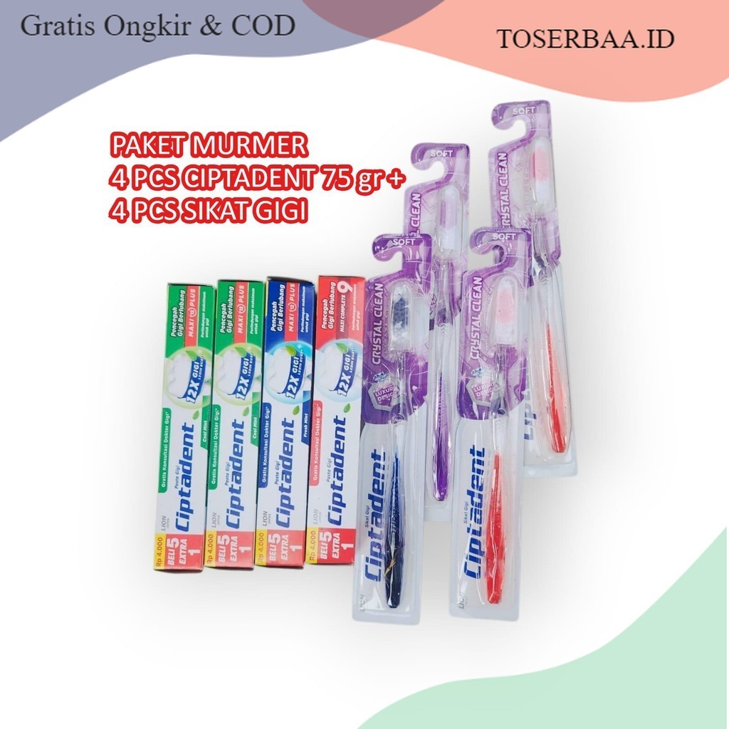 PAKET HEMAT 4 pcs Pasta Gigi CIPTADENT 75 gr + 4 Pcs Sikat Gigi CIPTADENT