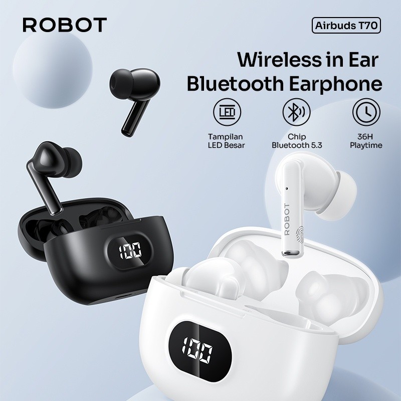 Headset TWS Robot T70 Original TWS Deep Bass LED Indikator Bluetooth Headset / Handsfree Bluetooth R