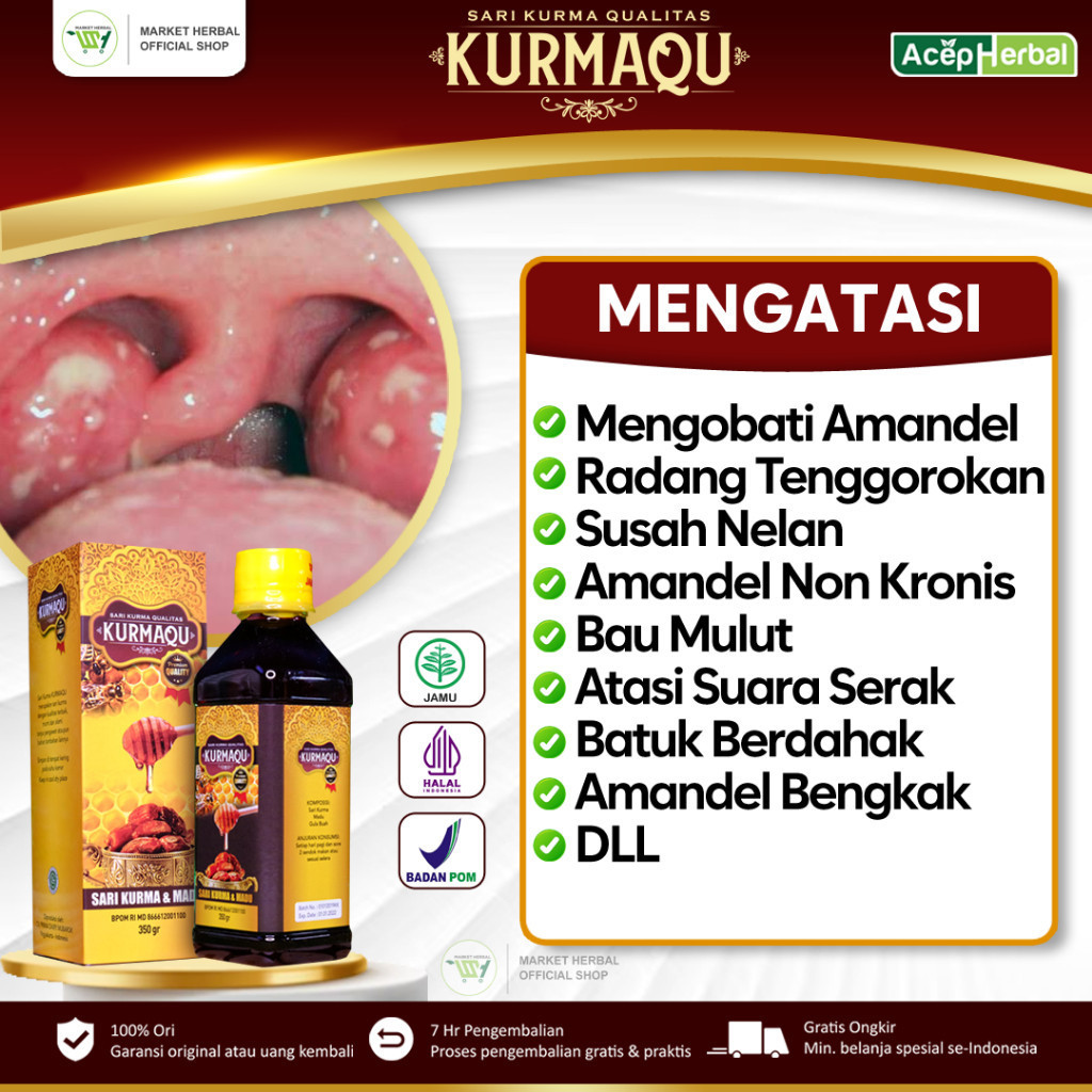 

KTM HERBAL Obat Herbal Amandel Anak dan Dewasa Radang Tenggorokan Susah Nelan Sakit Menelan Bau Mulut Tonsil Akut Dan Kronis Batuk Berdahak Gondokan Asma Sesak Nafas Graves Ganglion Tumor Kista Kanker TBC KURMAQU 100% MADU ASLI PLUS KURMA