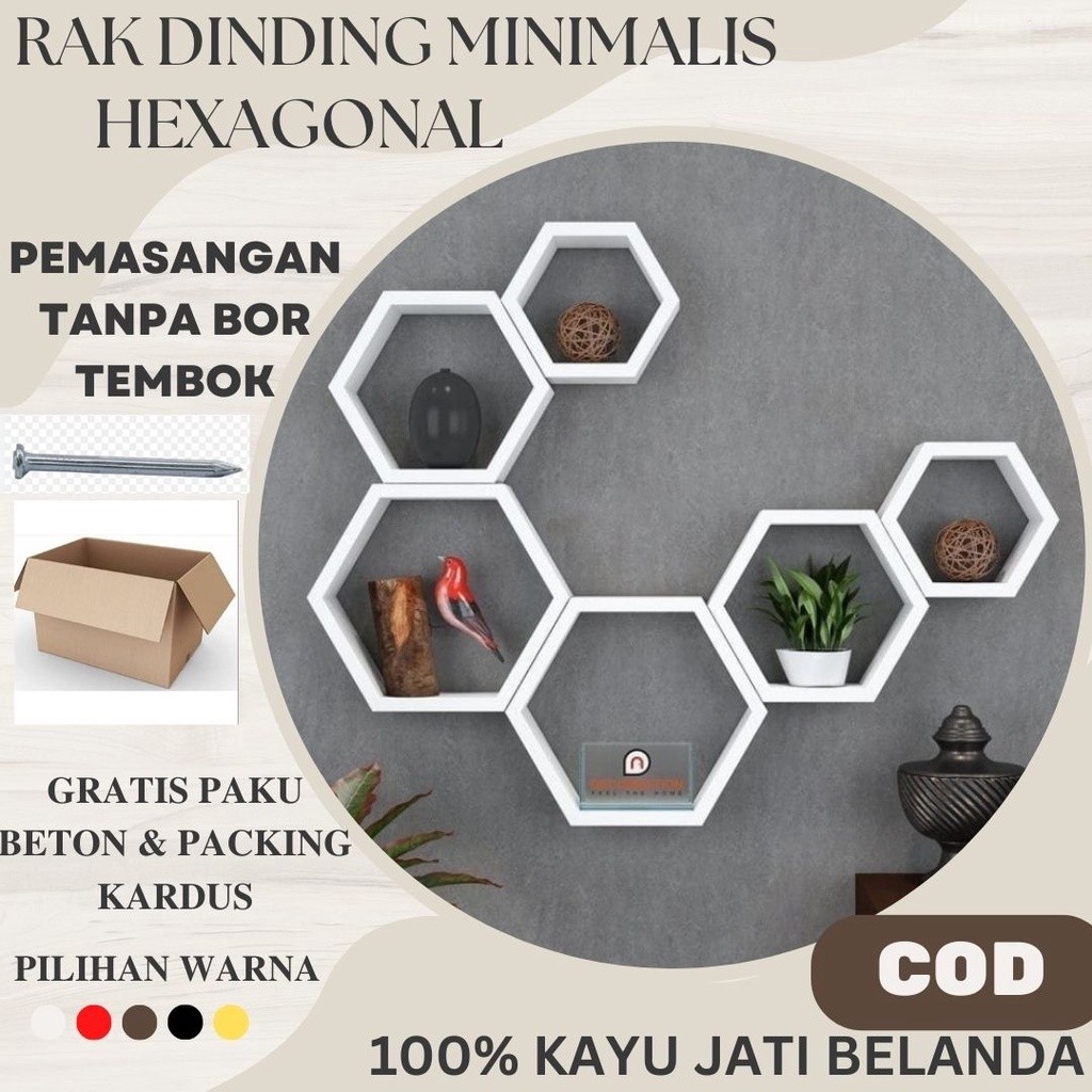 Rak Hexagonal Hiasan Dinding Aesthetic Kayu Jati Belanda Pajangan Hiasan Dinding Gantung Minimalis K