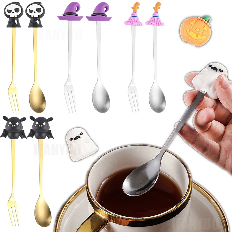 

Stainless Steel Coffee Spoon and Fork Small Tea Spoon Halloween Style Pendant Cake Fork Theme Party Dining-table Accessory Tools