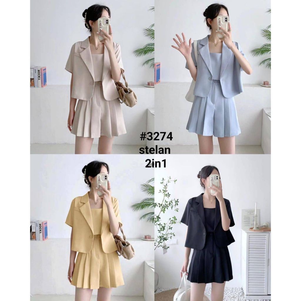 ONE SET BLAZER PENDEK HP POLOS VARIASI LIPAT DEPAN MIX CROP TOP BLAZER KEKINIAN LENGAN PENDEK PREMIU