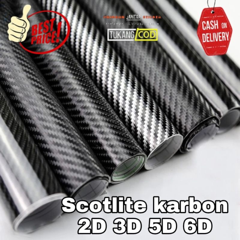 Sticker scotlite karbon 6D 5D 3D 2D skotlet karbon mobil lebar 152 cm scotlet carbon hitam super glo
