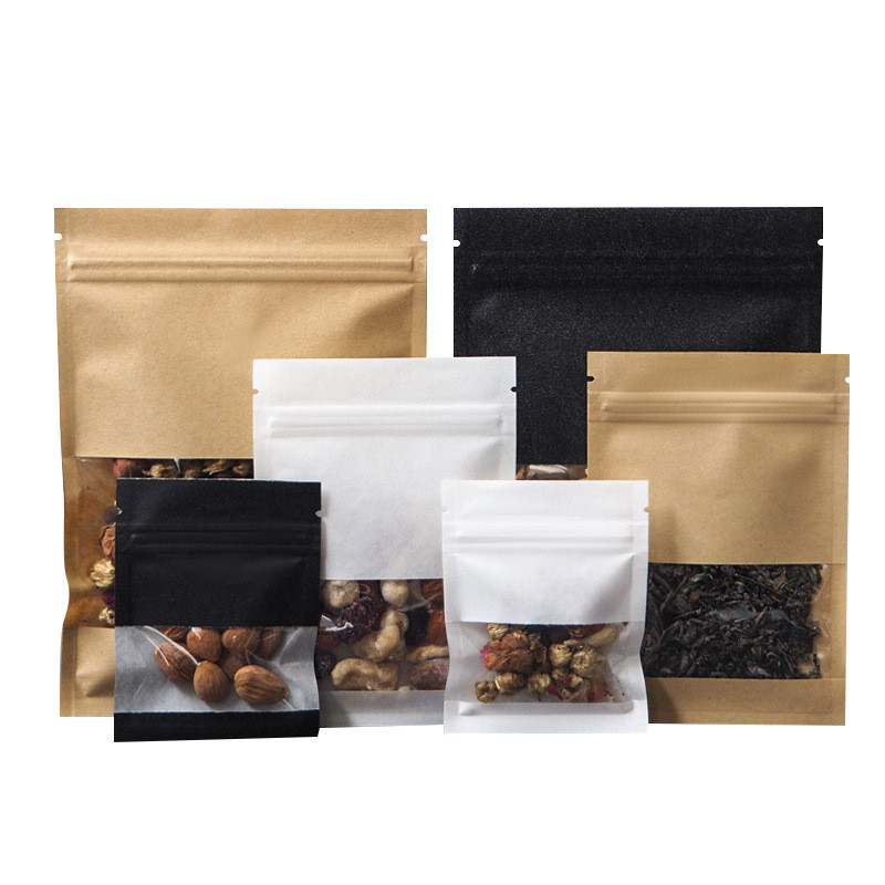 

Thick Black White Ziplock Gift Bags Snack Nuts Beans Small Packaging Bag Brown Kraft Paper Zip Lock Pouches with Clear Window