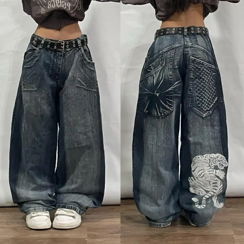 New Harajuku Retro Big Tiger Head Embroidered Baggy Jeans Y2K Street Fashion Hip Hop Popular Gothic 