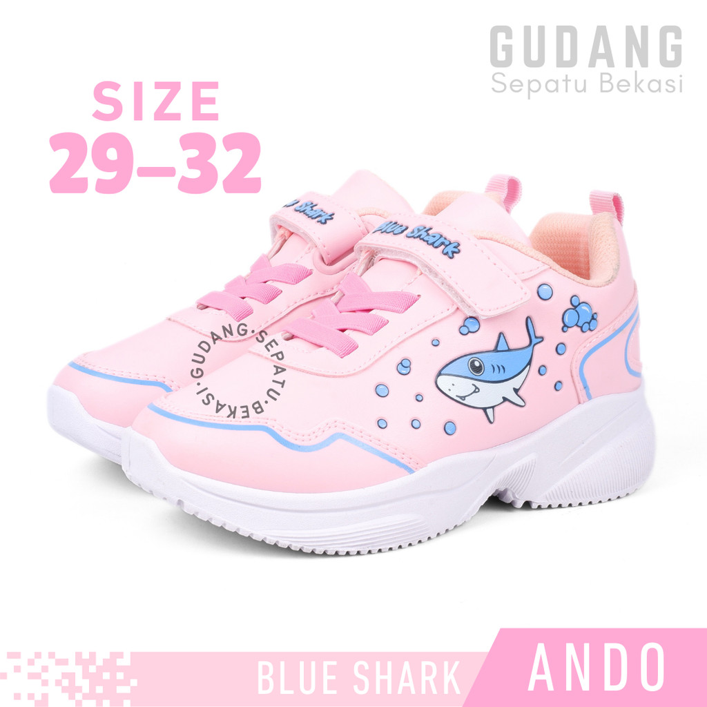 Sepatu Sekolah Anak Perempuan TK SD PAUD Ando Blue Shark Pink Peach Perekat Slip On