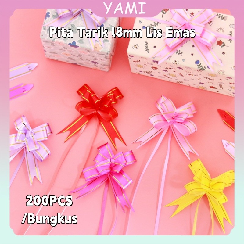 

200 Pcs 18mm Pita Kado Parcel / Emas Serut Besar Hiasan Parcel Souvenir / Pull Flower Ribbon Gold Stripes
