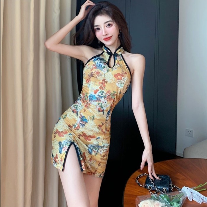 Dress mini cheongsam gold spandex sexy