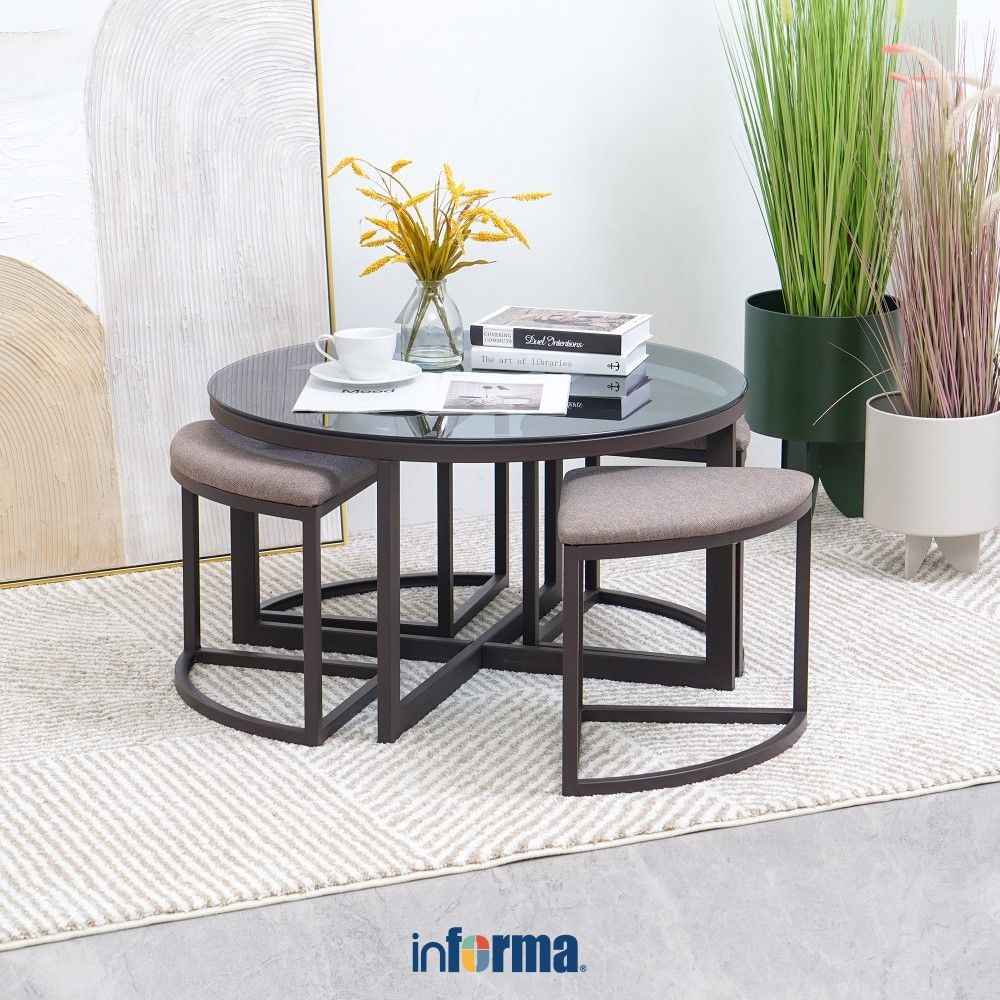 Informa Set 5 pcs Malmo Meja Tamu & Bangku - Cokelat Coffee Table Meja Ruang Tamu Serbaguna Meja Sof