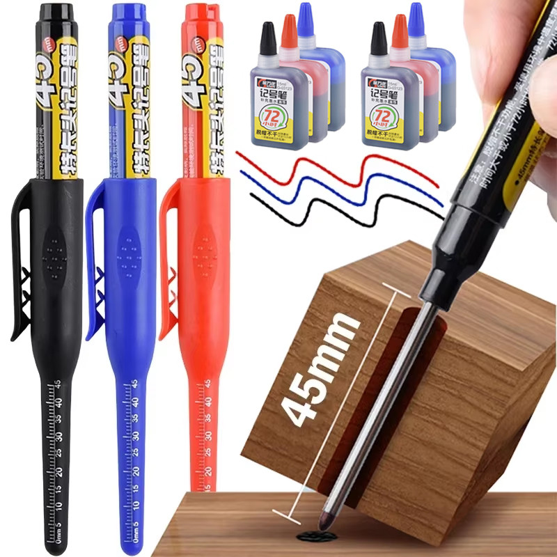 

45mm Waterproof Deep Hole Marker Pens Long Nib Head Carpenter Pen Black/Blue/Red Ink for Multi-Purpose Woodworking Hand Tools