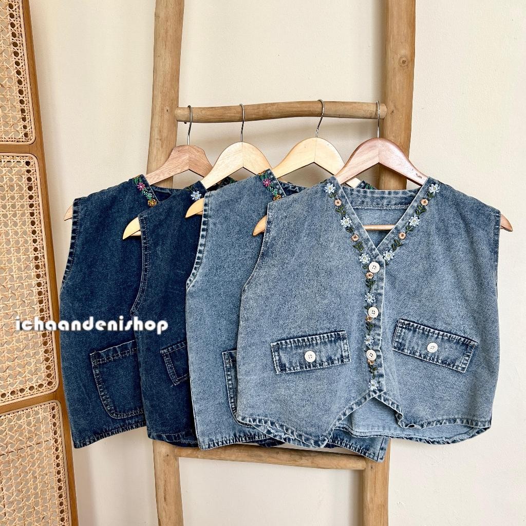 ICH - Avena Vest Jeans Bordir Flower Bigsize Atasan Rompi Wanita Jumbo Korean Style