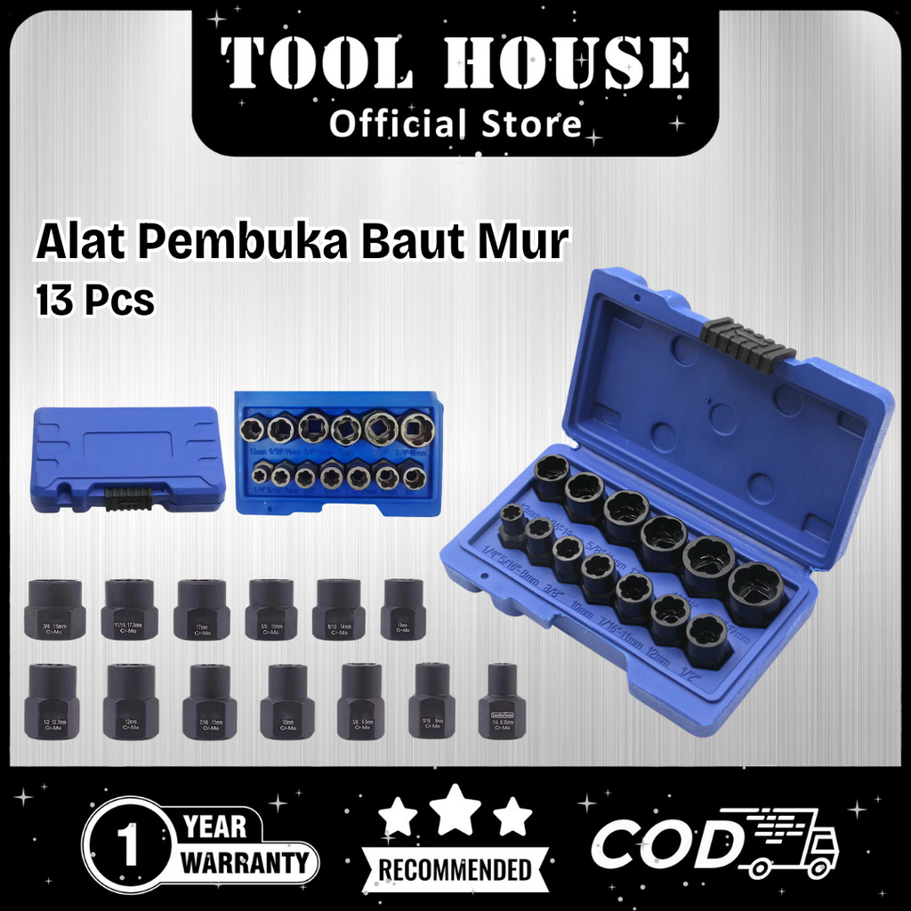 Tool House [Garansi Toko 1 Tahun] 13 PCS Alat Pembuka Baut Mur Hex Rusak 9mm-19mm 13pcs 3/8" Impact 