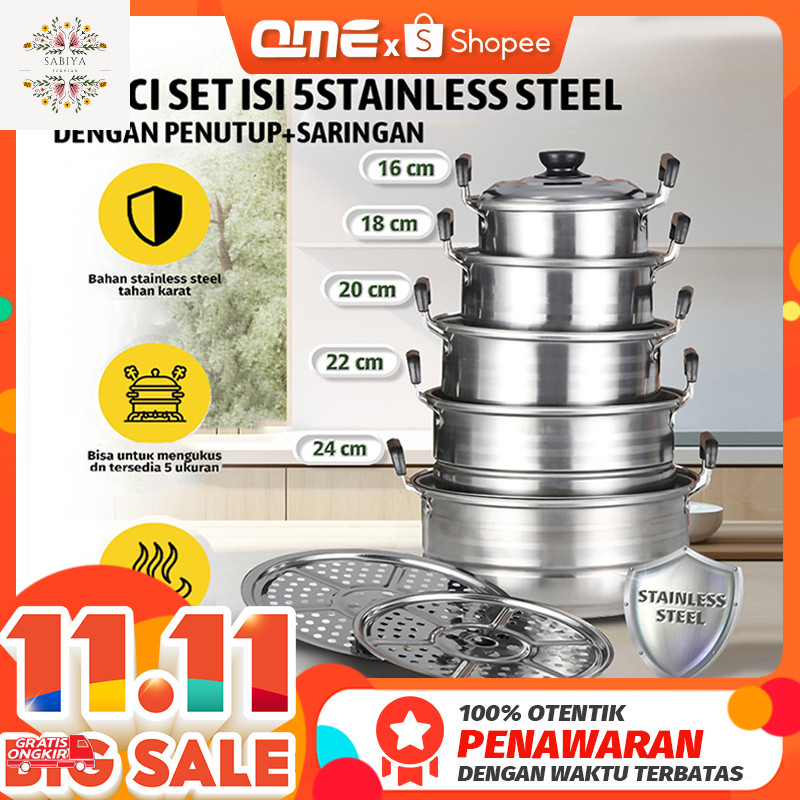 Alat Masak / QME 12in1 Panci Steamer Set Stainless isi 5 pcs + 2pcs Kukusan Panci Bahan Tebal PREMIU