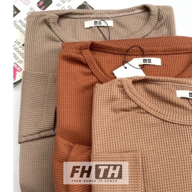 KAOS WAFFLE WAFER LENGAN PANJANG WANITA / BASIC CREWNECK POLOS SWEATSHIRT WAFFEL UNIQLO / kaos waffl