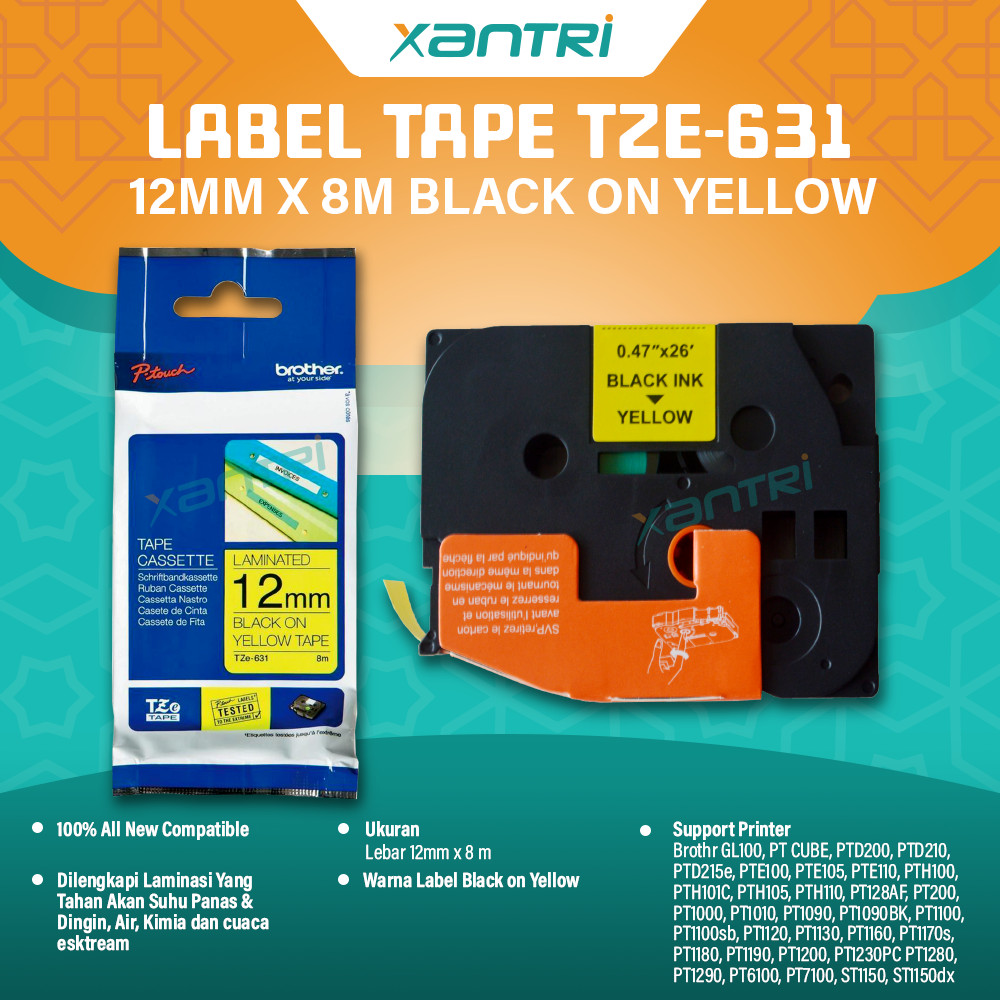 

Xantri - Label Tape Casette Black On Yellow 12mm TZE-631 TZE 631 12mm x 8 m Laminated Compatible For Printer Brother GL100 PT Cube PTD200 PTD210 PTD215e PTE100 New