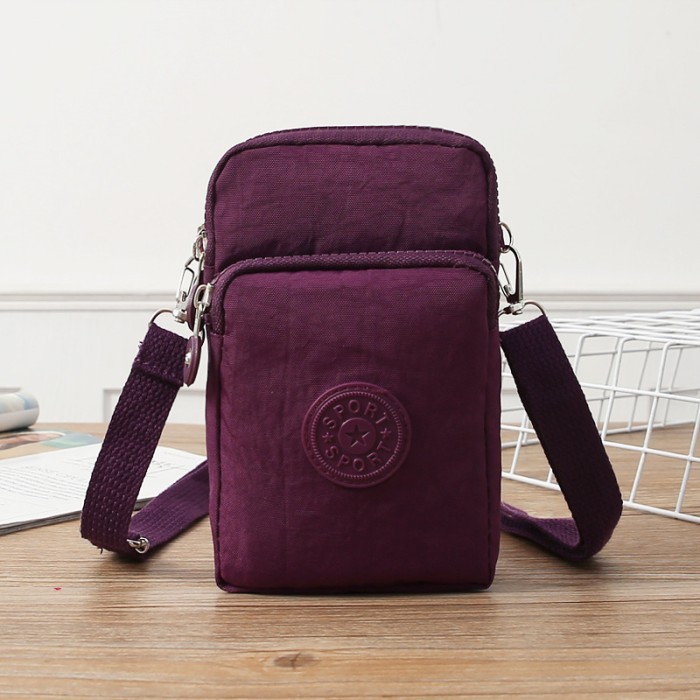 NYLON POUCH TAS SELEMPANG HP WATERPROOF WANITA 3 SEKAT IMPORT - NP01 - Purple