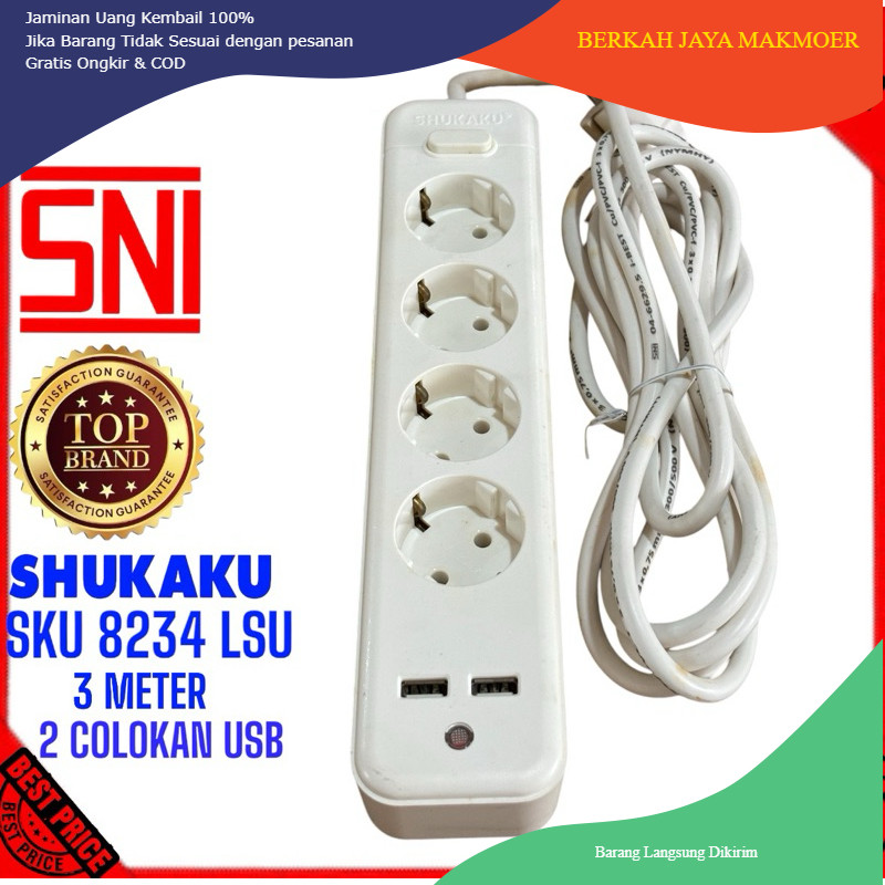 [PROMO] STOP KONTAK 4 LUBANG KABEL 3 METER + SAKLAR + 2 COLOKAN USB PREMIUM SHUKAKU TERMURAH