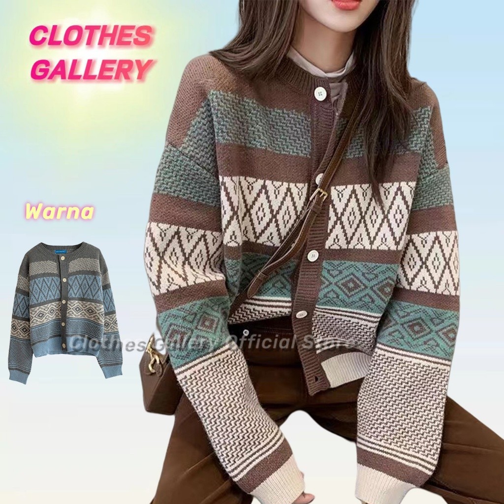ClothesGallery Cardigan Kotak Kotak Retro Import Cardigan Rajut Premium Outer Rajut Knit Jacket Kore