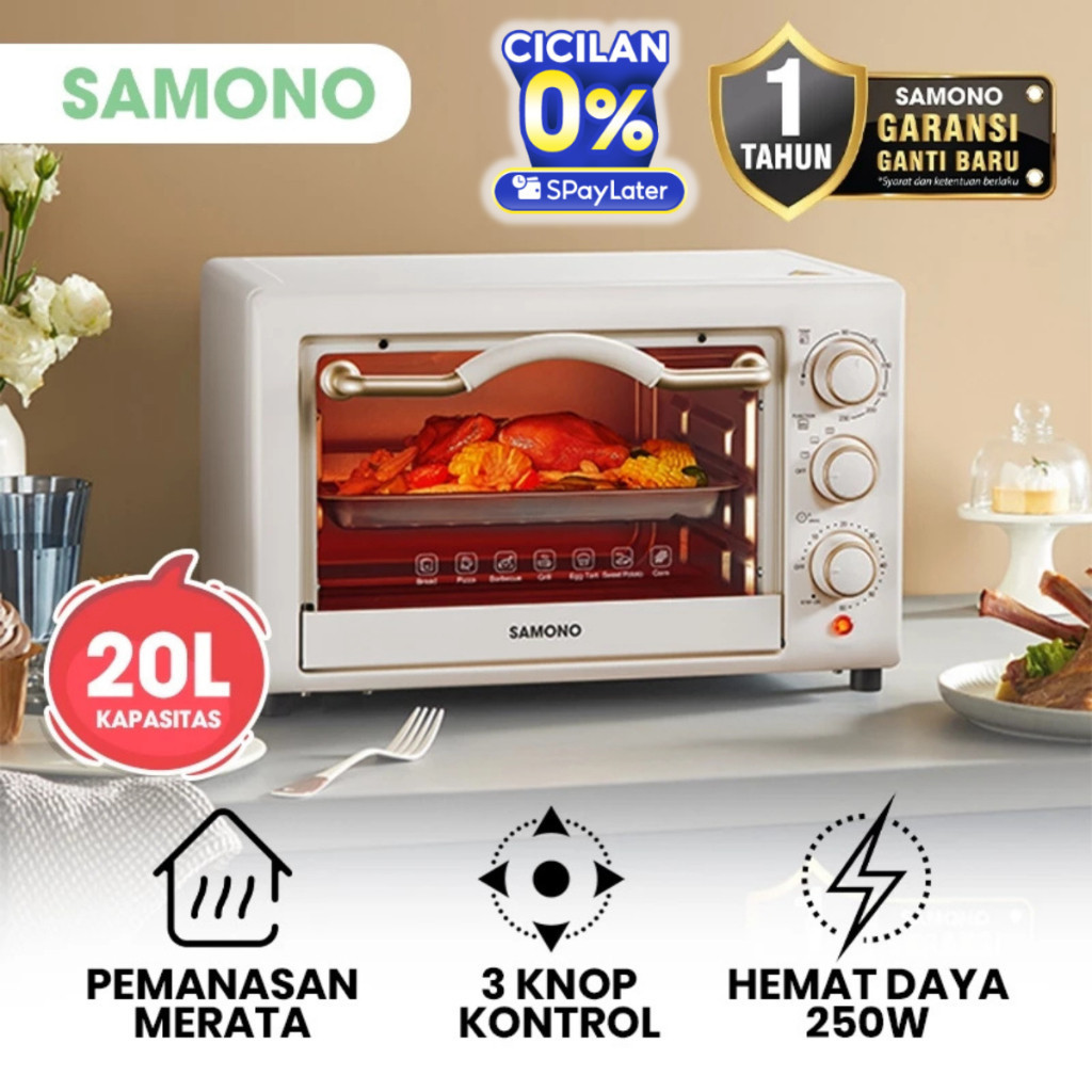SAMONO Oven Listrik 20L SW-EOW20 Pemanggang Serbaguna Kapasitas Besar Stainless Steel Kaca Anti Pana