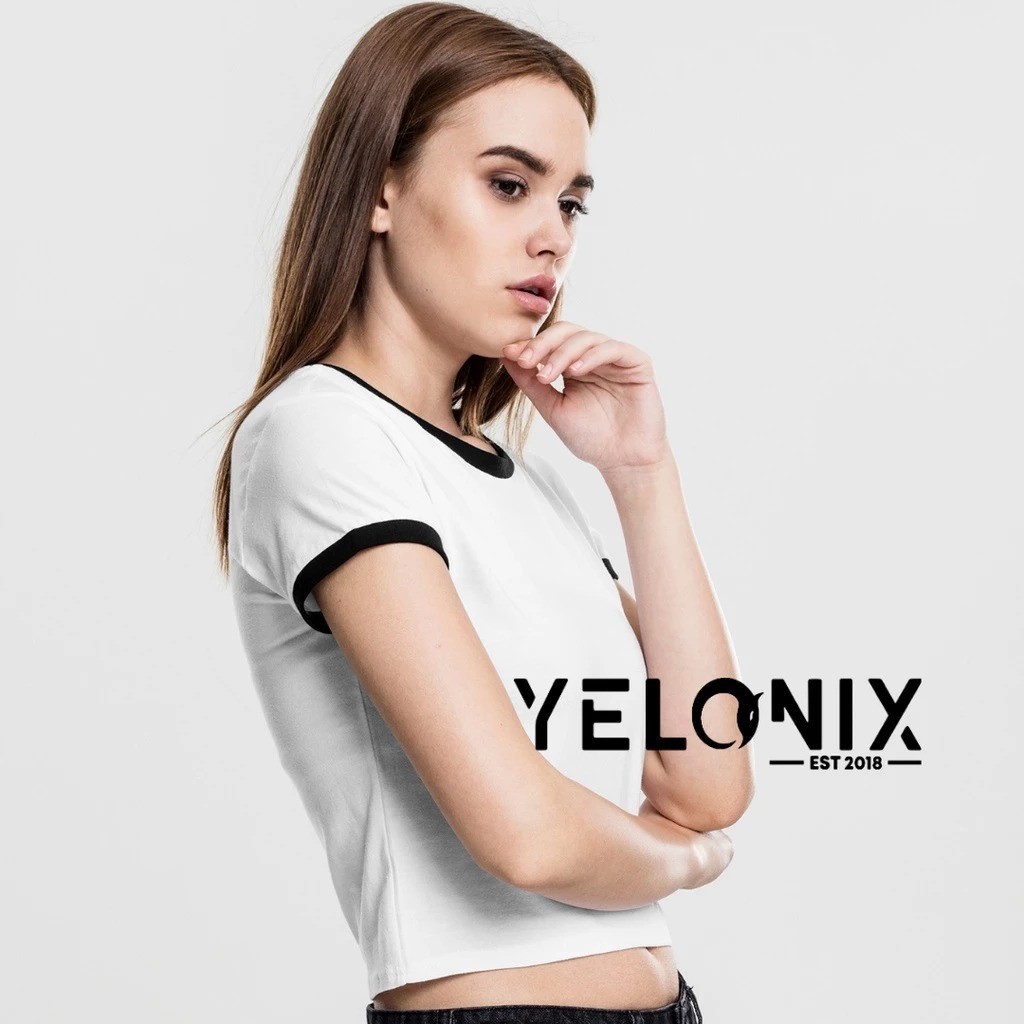 BAJU KAOS POLOS RINGER TEE CROP CEWEK / SOFT SPANDEK TSHIRT / T-SHIRT CEWE WHITE